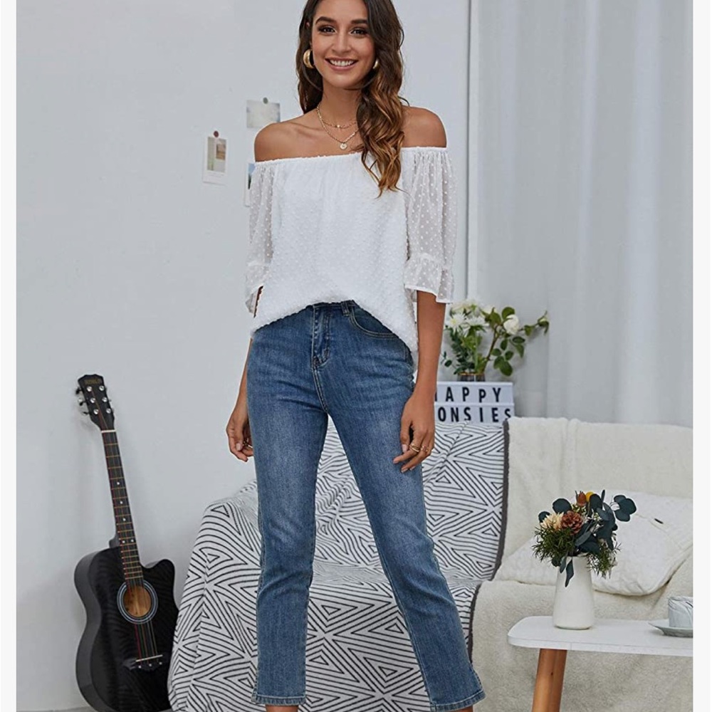 Women’s Off Shoulder Top Chiffon Blouse Elegant Polka Dot Ruffle Casual Shirt XL - Picture 5 of 6